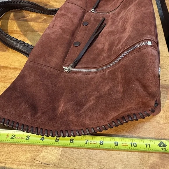 AllSaints Mori Suede Leather Tote Bag Brown Braided Handle Whipstitch - Picture 5 of 14